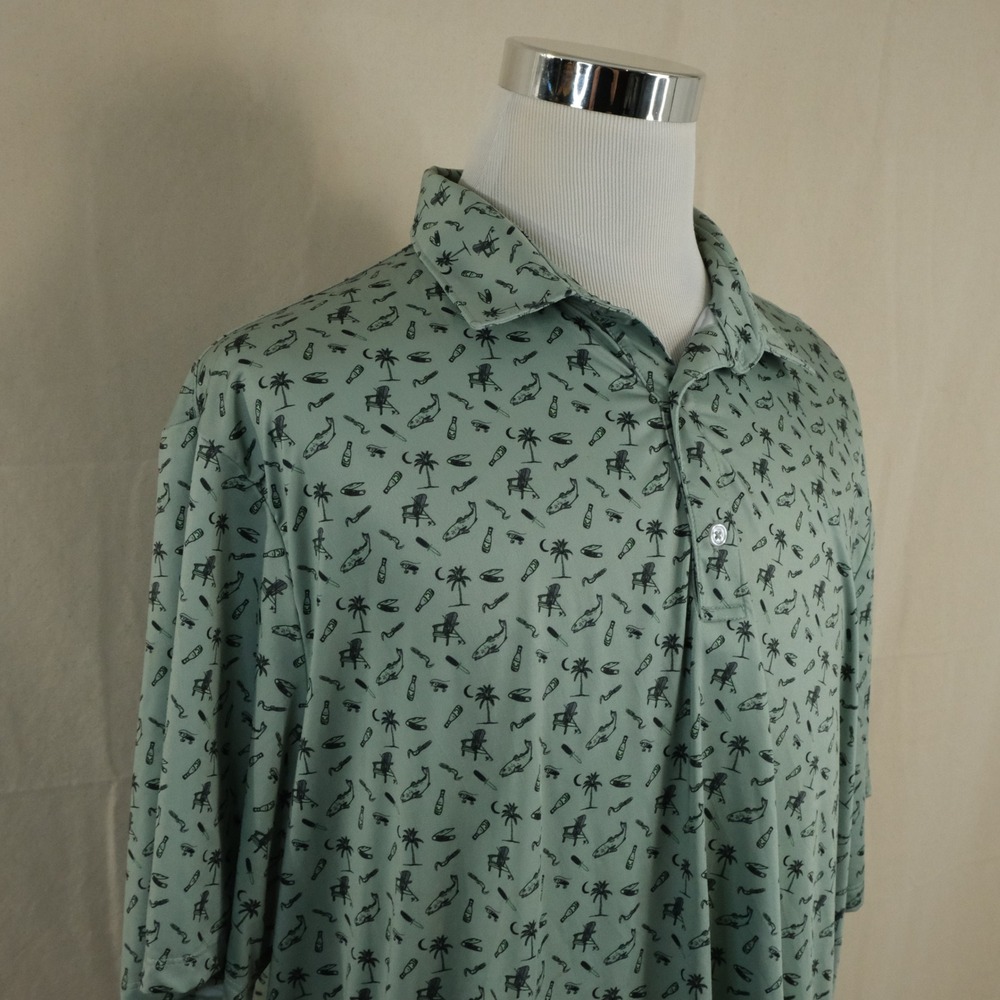 Huk XXL Regular Fit Polo Shirt Green Fishing Print Performance Short Sleeve Mens